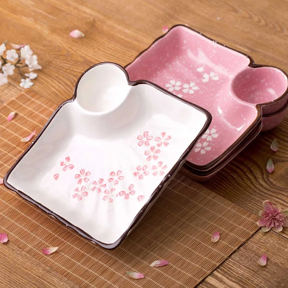 Cherry Blossom Ceramic Dumpling Plate With Vinegar Dish Creative Japan Tableware Dinner Plate Breakfast Small Dish Fruit Plate