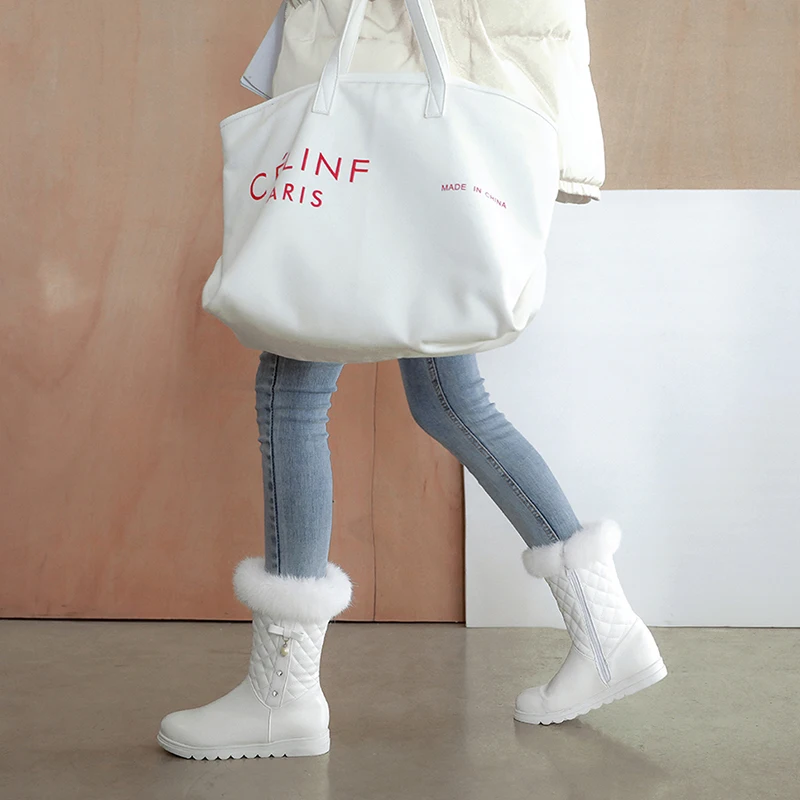 NEW fashion warm Mid-Calf snow boots women round toe soft leather warm Rabbit Fur winter thick fur ladies winter shoes