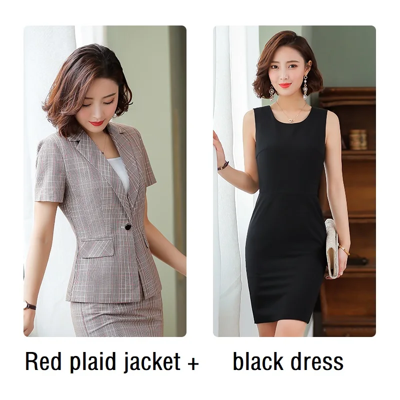red jacket dress Женские костюмы тонкая летняя клетчатая куртка с коротким рукавом платье комплект из 2 предметов OL формальные деловые женские платья костюмы женский комплект костюмы 1921 - Цвет: red jacket dress