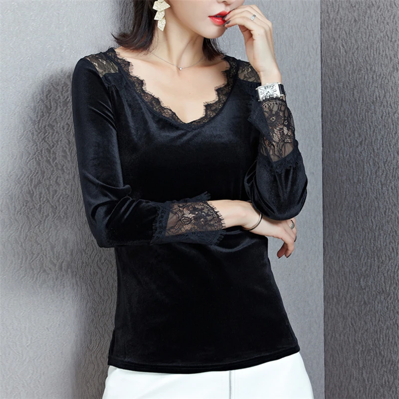 Цветочные кружева отделка v-образным вырезом пэчворк рукав Черные блузки для