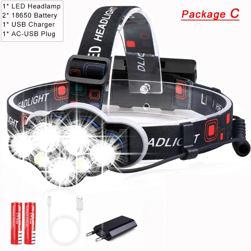 Package C 40000LM мощная фара USB заряжаемый прожектор 7 светодиодный фонарь Водонепроницаемый лобовой фонарь Головной фонарь фонарик Фонарь - Испускаемый цвет: Package C