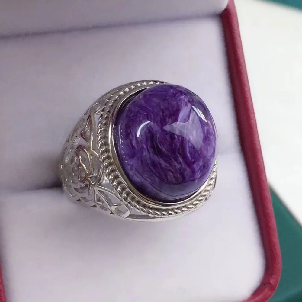 Кольцо из натурального фиолетового камня Charoite женское и мужское с кристаллами