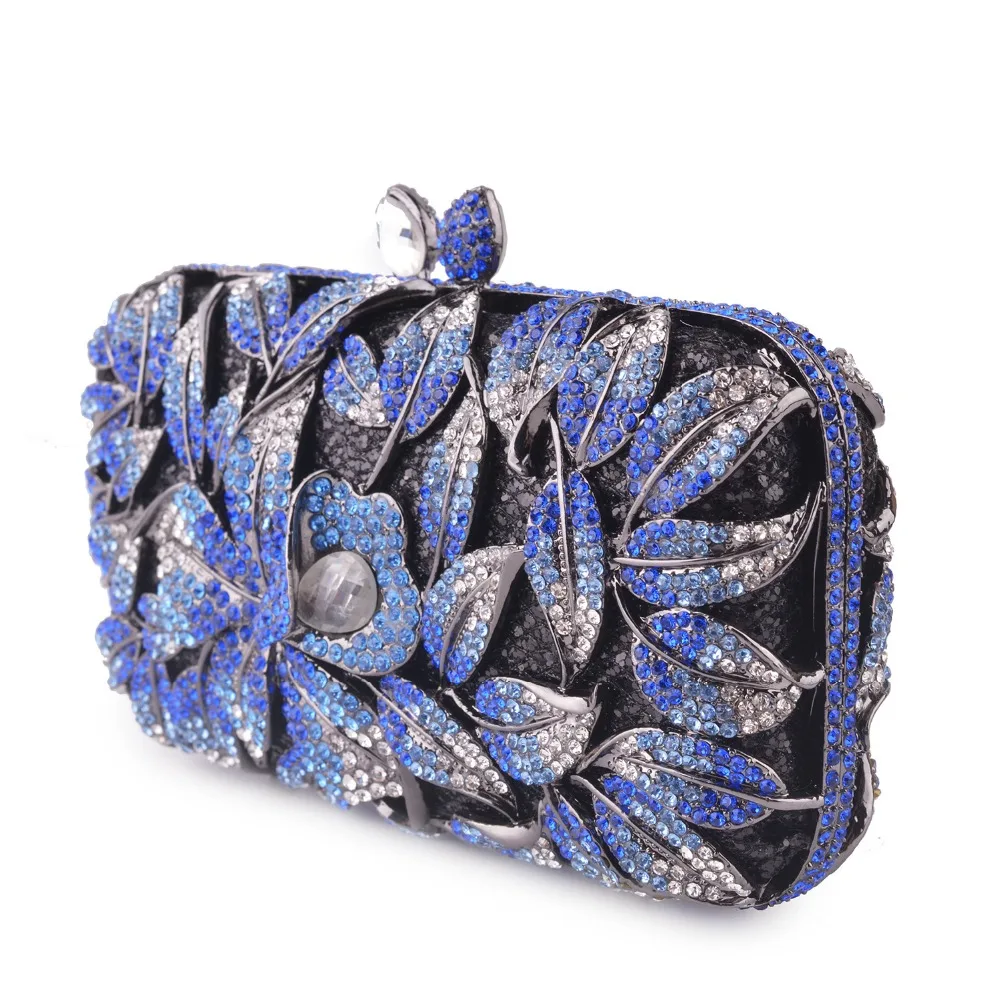 

XIYUAN Multi Flower blue/black leaf Women Mini Crystal Evening Minaudiere Bag Metal Hardcase Wedding Party Clutch Handbag Purse