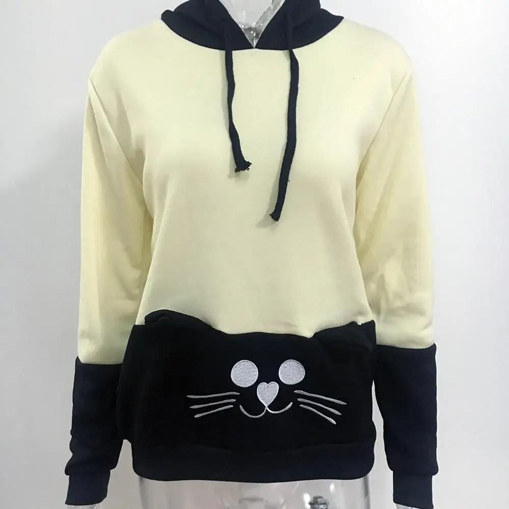 European 2018 Winter Fashion Loose Cat Embroidery Color Matching Long-sleeved Hoodie Pullover Hooded Harajuku Sweatshirt Women | Женская