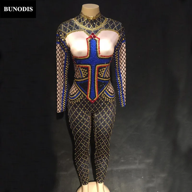 ZD446 Women Sexy Crucifix Jumpsuit Blue Sparkle Crystals Bodysuit Nightclub Birthday Party Performanc Stage Wear Bling Costumes