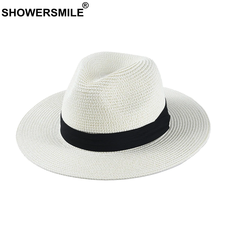 SHOWERSMILE Панама шляпа мужская классическая соломенный джазовый шляпа женская бежевая Уличная Повседневная Гавайская лента Солнцезащитная летняя шляпа унисекс