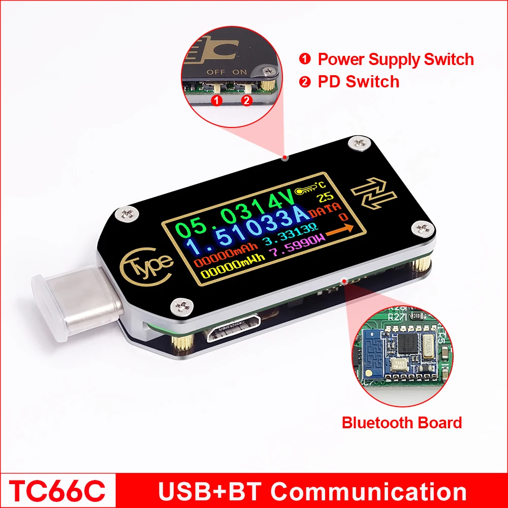USB-тестер TC66/TC66C с цветным дисплеем USB-C вольтметр амперметр напряжение PD зарядное