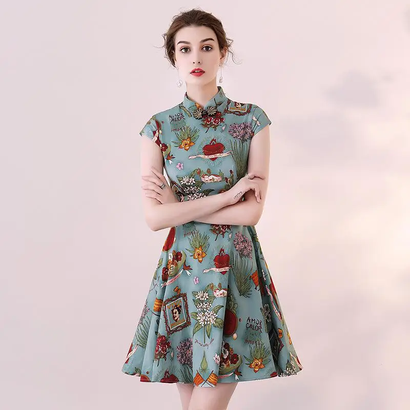 Элегантное женское платье с цветочным принтом Qipao, классическое короткое платье с воротником-стойкой, тонкое мини-платье Cheongsam для выступлений, Vestidos, размер s-xxxl - Цвет: Style 2