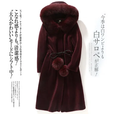 Wine red AYUNSUE овечья стриженная шерстяное пальто женский длинный зимняя куртка для женщин лиса меховой воротник пальто для будущих мам Chaquetas Invierno Mujer KJ518 - Цвет: Wine red
