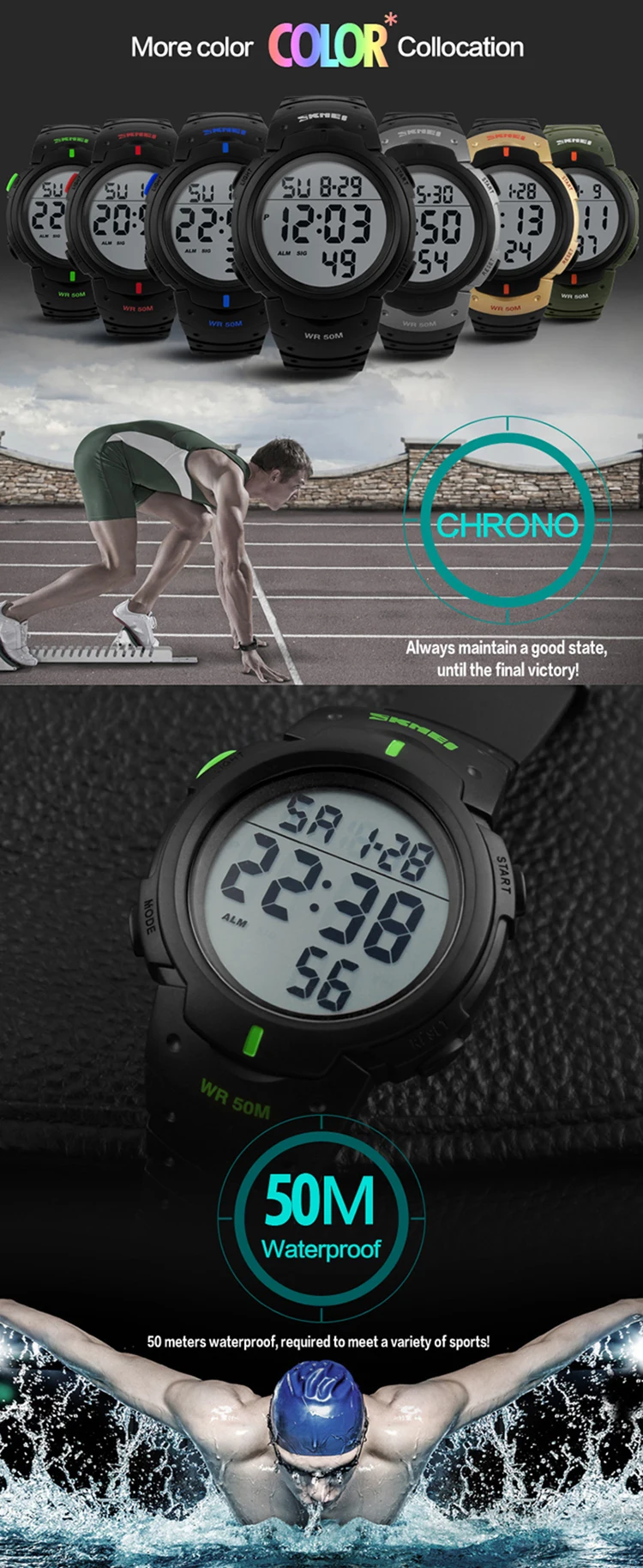 Бренд SKMEI 1068, мужские спортивные часы, модные, повседневные, Chronos, обратного отсчета, мужские, водонепроницаемые, светодиодный, цифровые наручные часы, мужские, военные часы