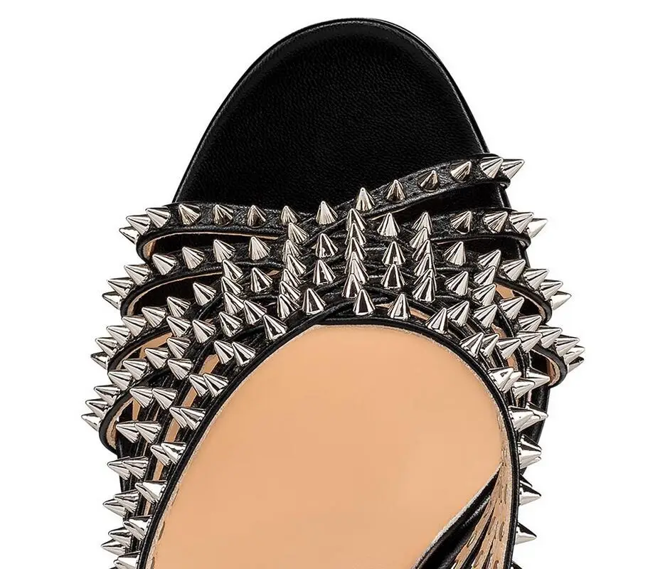 Sexy Silvery Rivet Embellished Hollow Mouth Slides Studded Slip On Open Toe High Heel Sandals Stiletto Mules Shoes | Обувь