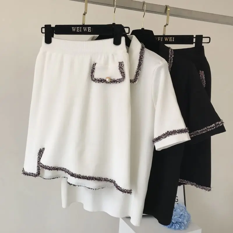 Летний комплект из двух предметов для женщин 2019 модный вязаный укороченный топ +