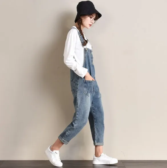 

Plus Size 4XL 5XL Women's Casual Loose Denim Overalls Lady's Blue Baggy Jeans Wide Leg Jumpsuit Pants with Pocket for Woman