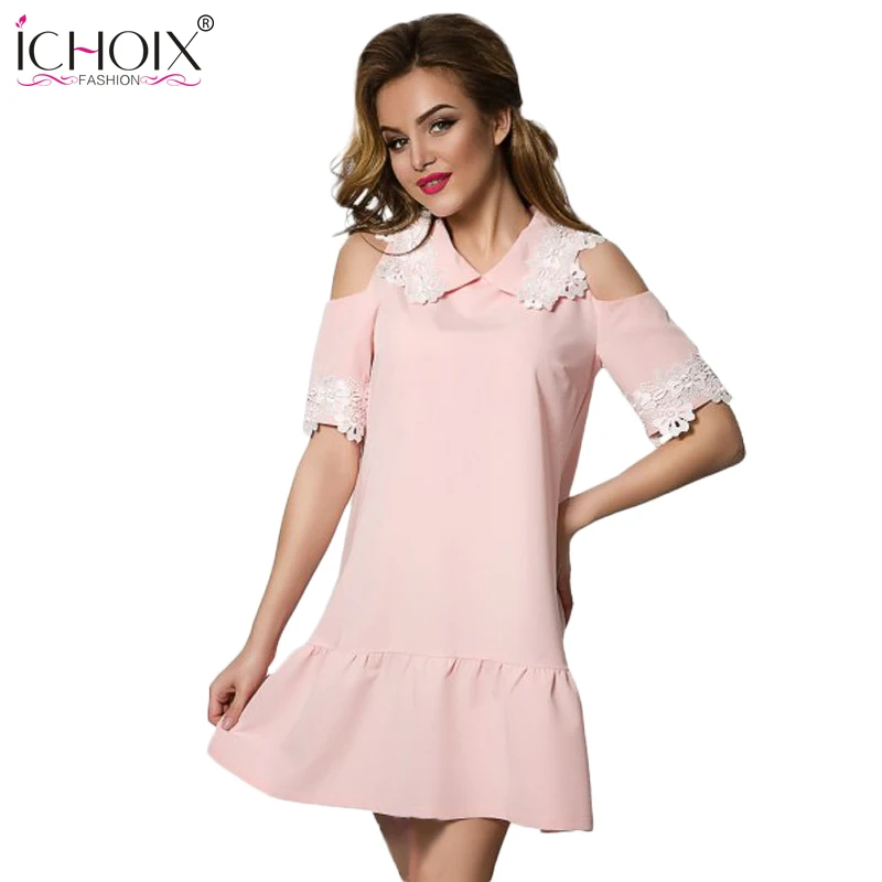 ICHOIX 2017 New Summer A-line Dress Off Shoulder Fashion Robe women Casual Elegant Lace dress Loose Cltohing Sky Pink Cute | Женская
