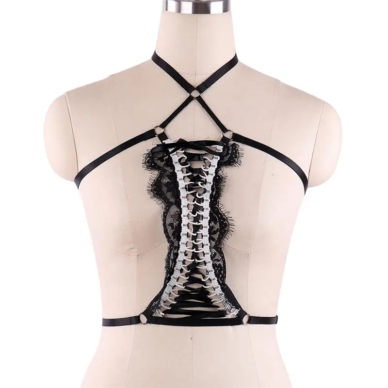 Black O0607 Готический Цыганский перьевая клетка бюстгальтер Rave Body жгут для женщин одежда обертывание грудь стиль Связывание Белье Кружева Цветы клетка бюстгальтер - Цвет: Black O0607