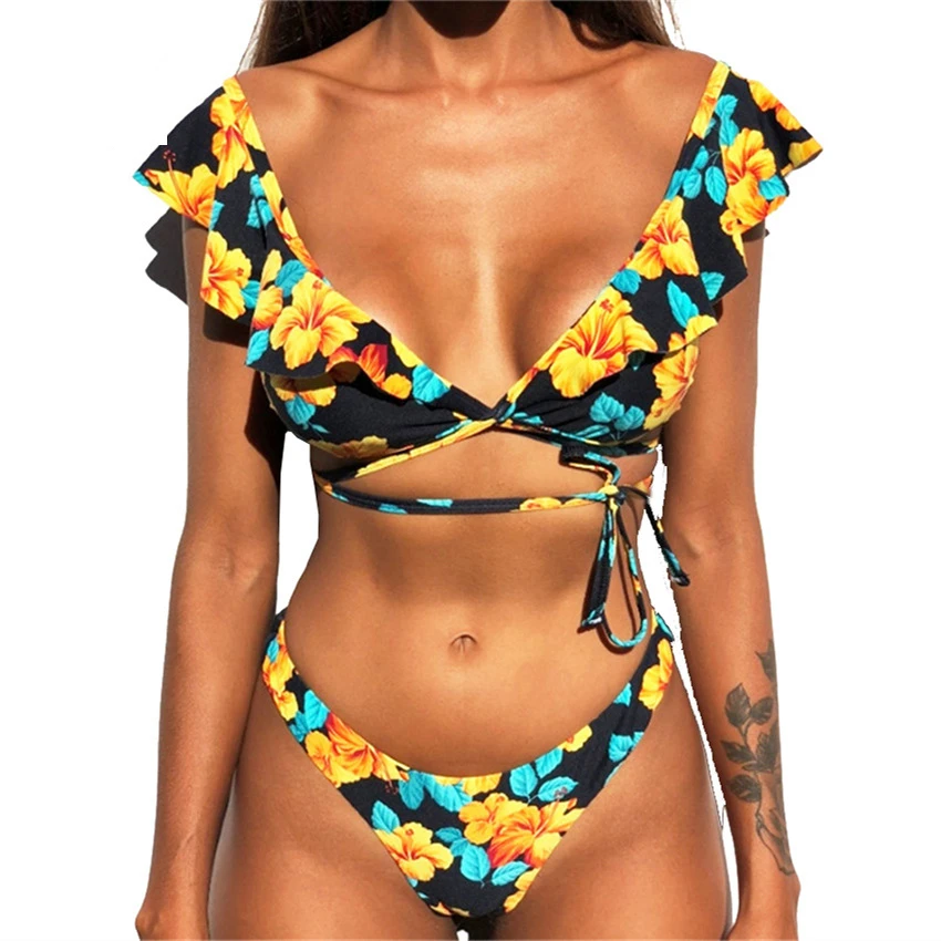

Женский купальник с открытыми плечами и цветочным принтом, с оборками, 2019
