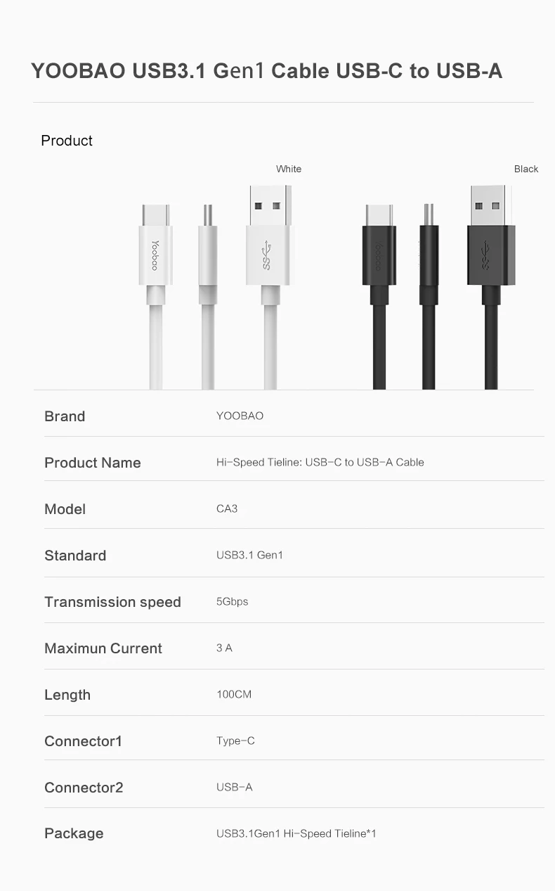 Yoobao YBCA3 usb type C 3,1 кабель usb type-C кабель для зарядки и передачи данных 3A линия для сотового телефона металлическая головка type C зарядный кабель для huawei LG