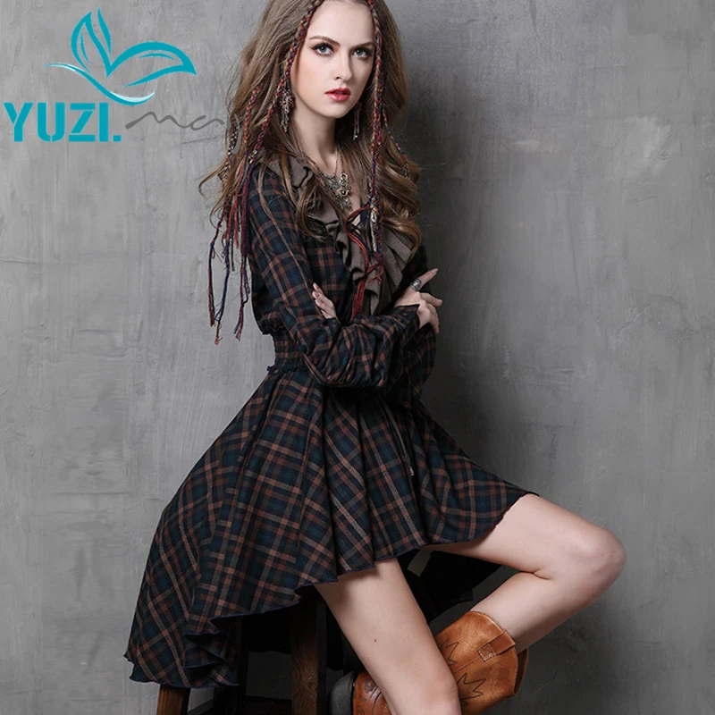 Vestidos Femininos Yuzi осень урожай хлопка платье плед лоскутная v-образным вырезом оборками асимметричный женщины платья A6537