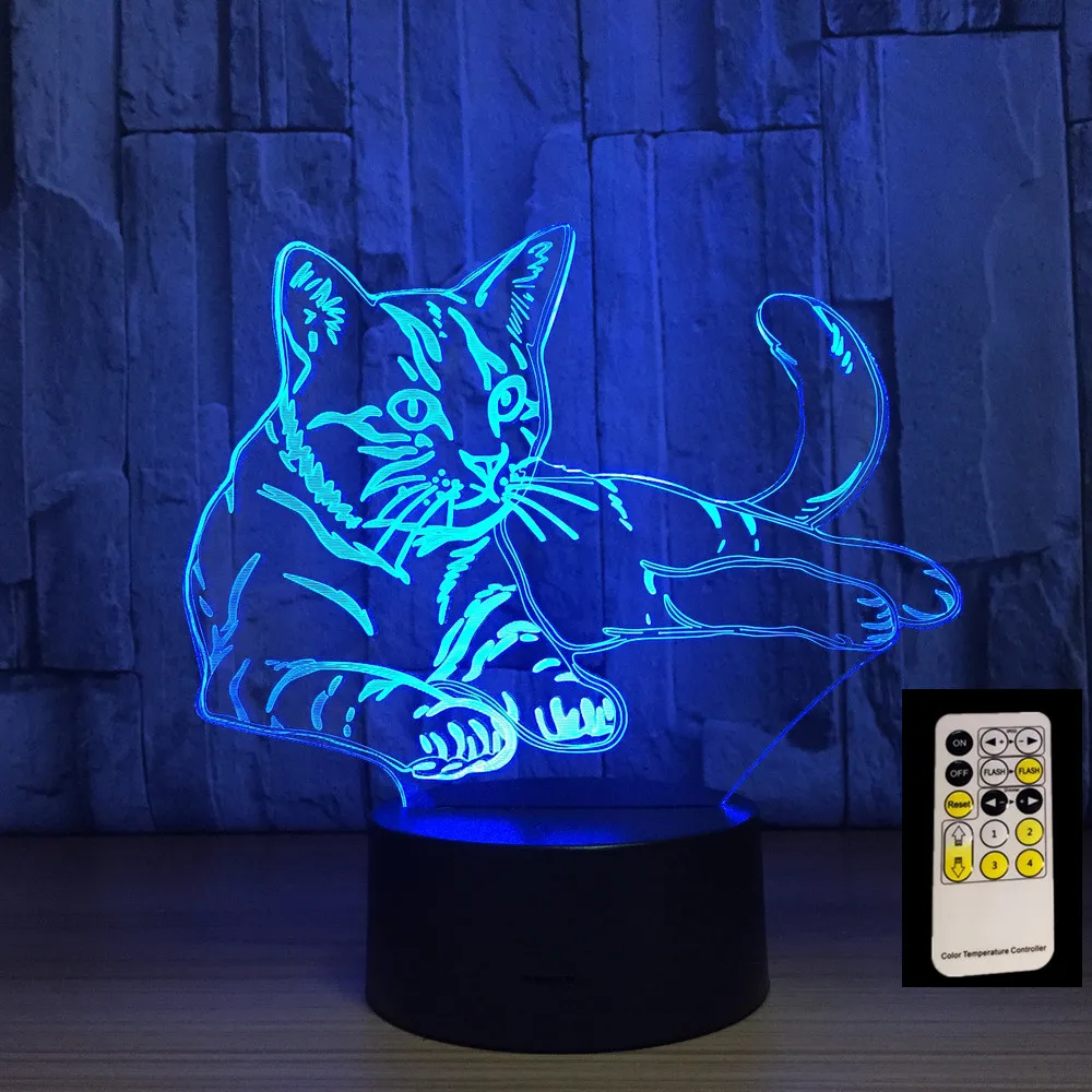 Пульт дистанционного управления лежащий Кот 7 цветов 3D светодиодный ночник USB 3AA