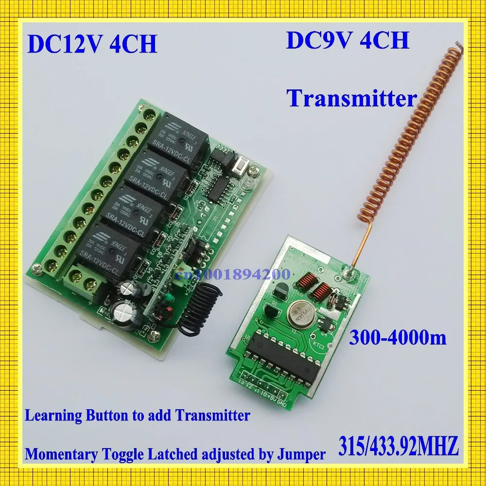 DC9V 4CH Transmitter Module Long Range Remote Control 300-4000m + DC12V 4CH Relay Receiver Learning Code M T L 315/433MHZ