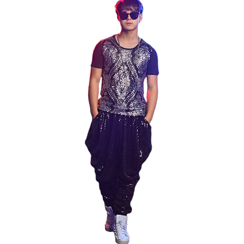 

2018 New Jazz Dance Harem Tops For Men Rock Bar Dj Dancers Stage Original Singer Rivets Hip Hop T-shirt Hairstylist BD118
