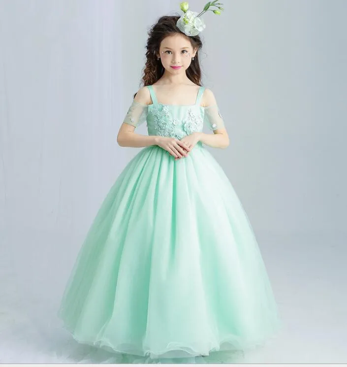Милое Мятное зеленое цветастое платье для девочек на свадьбу длиной до щиколотки
