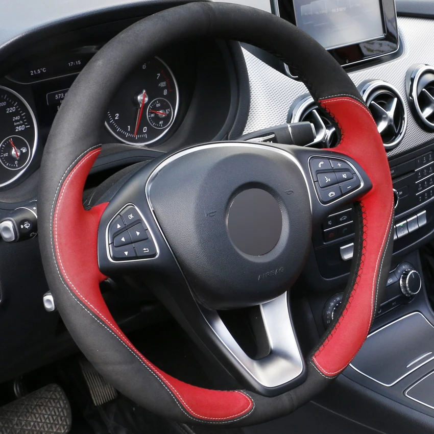 Чехол Puou для руля автомобиля прошитая вручную черная красная замша Mercedes Benz C180 C200