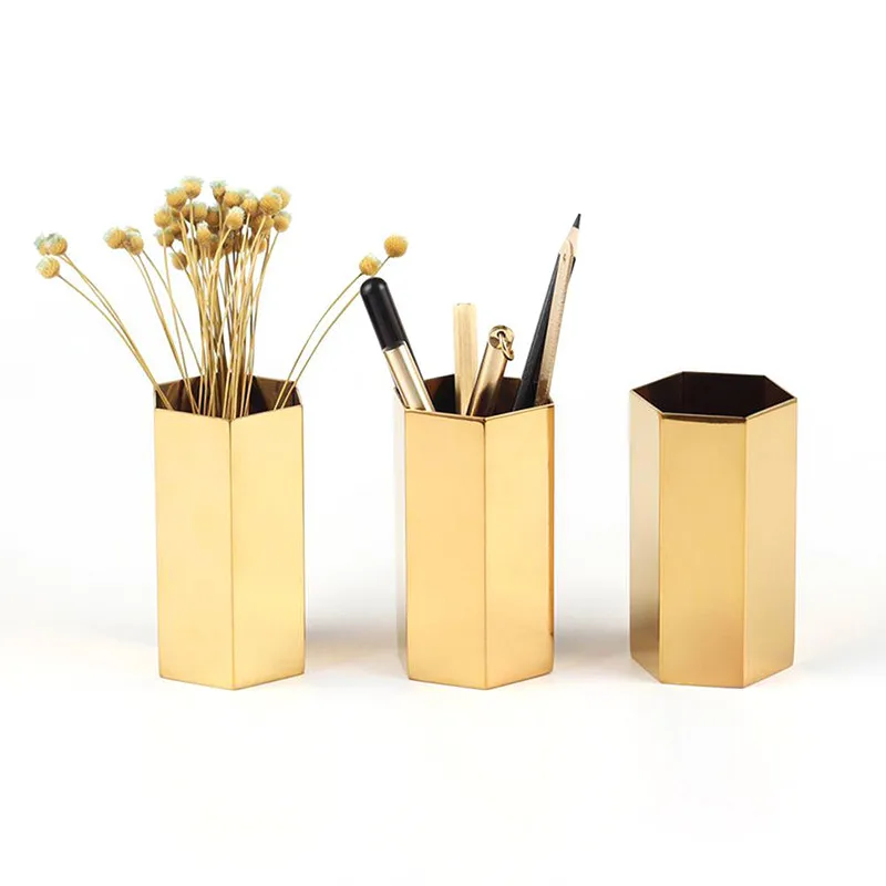 Metal Hexagonal Vase Stainless Steel Gold Pen Holder Modern Fashion Flower Room Study Hallway Home Wedding Decoration | Дом и сад
