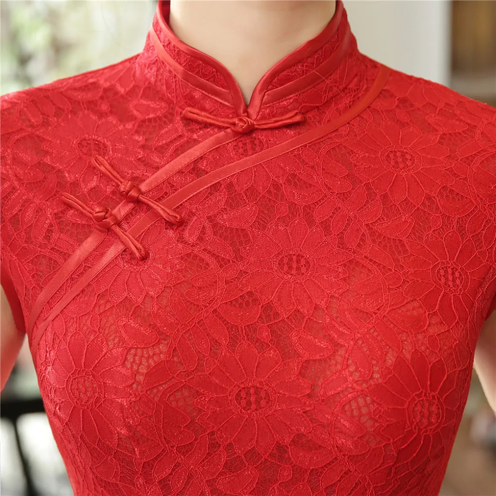 Женское длинное платье Ципао Красное Кружевное Чонсам в китайском стиле|long qipao