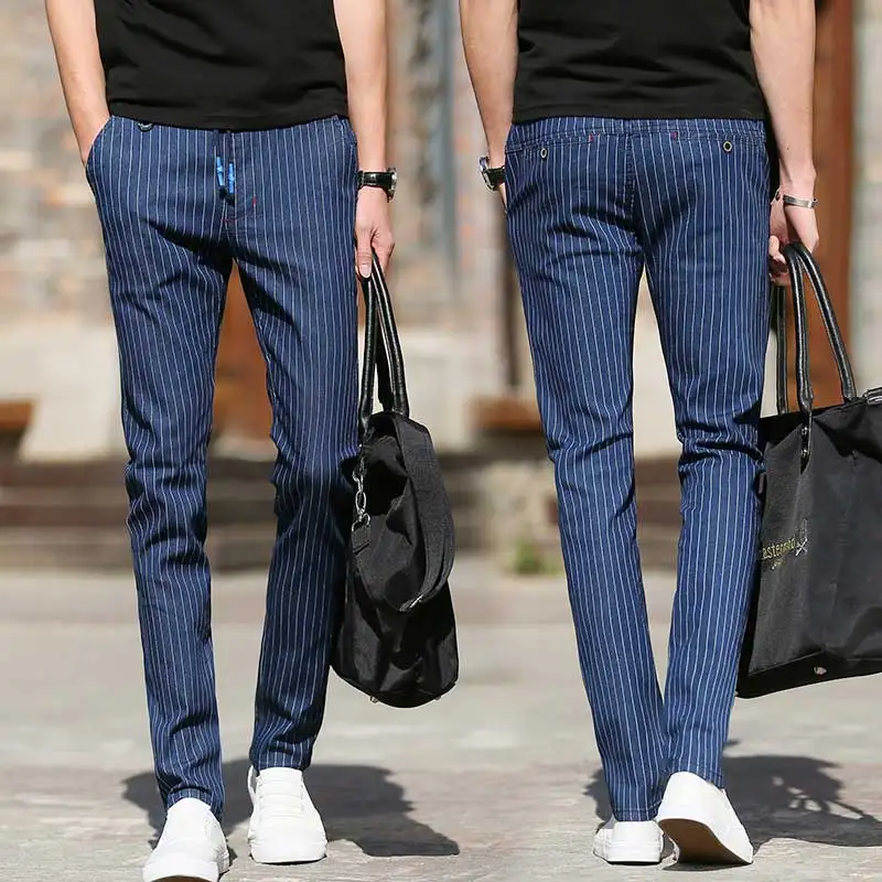 Slim Fit для мужчин полосатый повседневные штаны девочек Drawstring талии джинсы дизайн