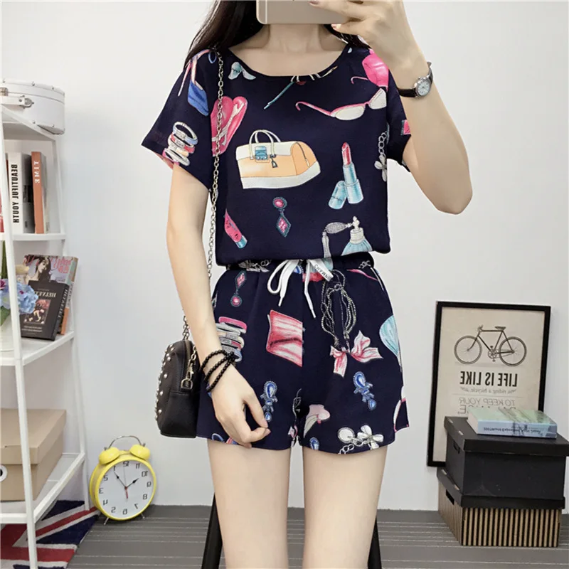 Шифоновые шорты с короткими рукавами и буквенным принтом повседневный комплект