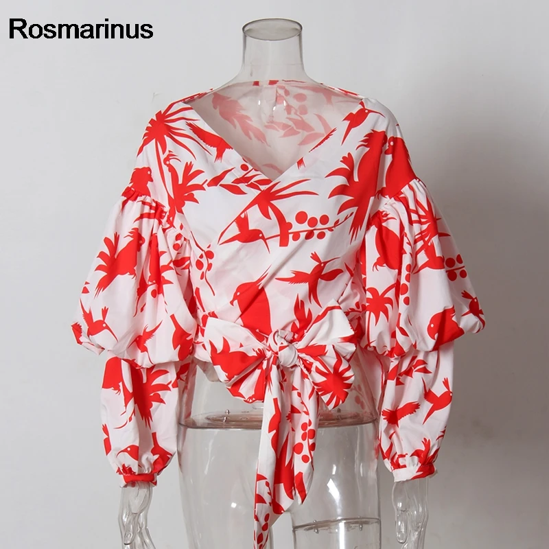 2018 блузка женская s фонарь рукав пояс с бантом Птицы Печать сорочка накидка