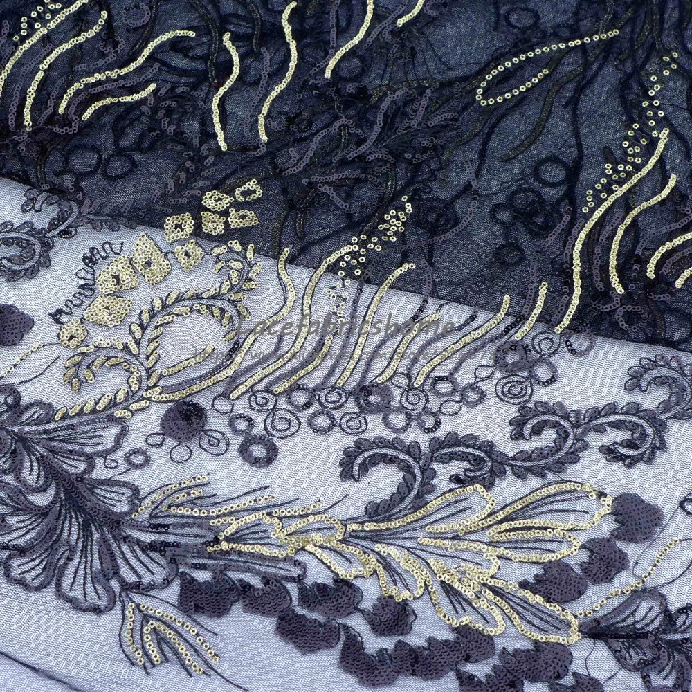 Смешанные черные и Золотые сверкающие блестки на белой сетке Вышитые свадебное