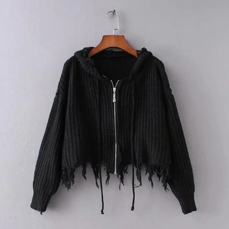 

PERHAPS U Women Knitted Cardigan Black Brown Khaki Sweater Solid Hood M0114