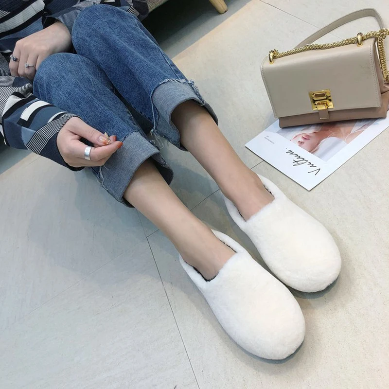 Zoe Saldana 2019 Winter Shoes Women Warm Fleece Ballet Flats Designer Furry Casual Outdoor Wool Loafers Zapatos Mujer | Обувь
