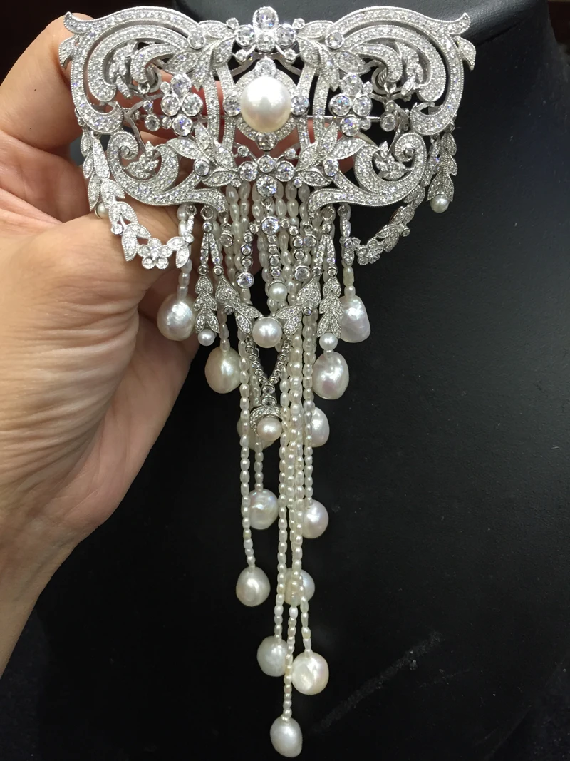 Брошь с натуральным пресноводным жемчугом 925 серебро фианит бахромой наивысшего