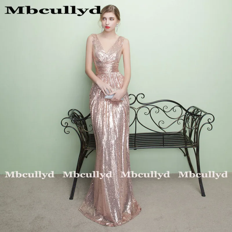 Mbcully Винтаж V образным вырезом розовые платья для выпускного вечера без рукавов Длинные Формальные вечерние праздничные платья для Для женщин блеск Sequin robe de soiree
