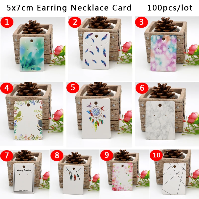 

Free Shipping 100pcs Earring Necklace Packaging Card 5x7cm Colorful Pattern Printed Ear Stud Card Jewelry Display Hang Tag Label