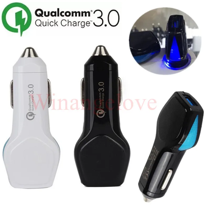 

50pcs 5V 2.4A 9V 2A Quick Charger 3.0 QC 3.0 Fast Charge With blue LED Light Mobile Phone Car-Charger For iPhone X 8 7