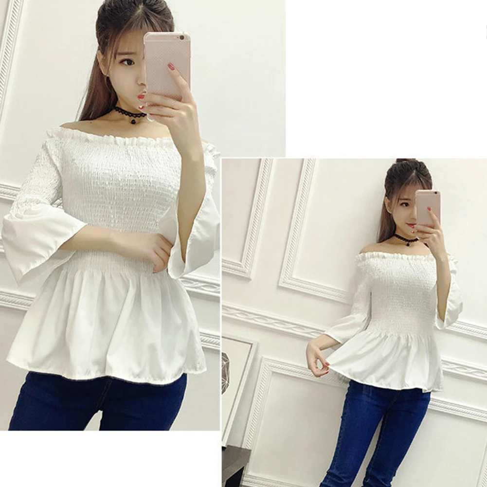 Женские пикантные тонкий с открытыми плечами Fit Топ трубы длинным рукавом жабо