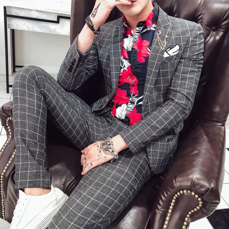 

Men's Plaid Two-piece Suit Four Seasons Men Business Formal Suits Male Casual Slim Suit Wedding Groomsman
