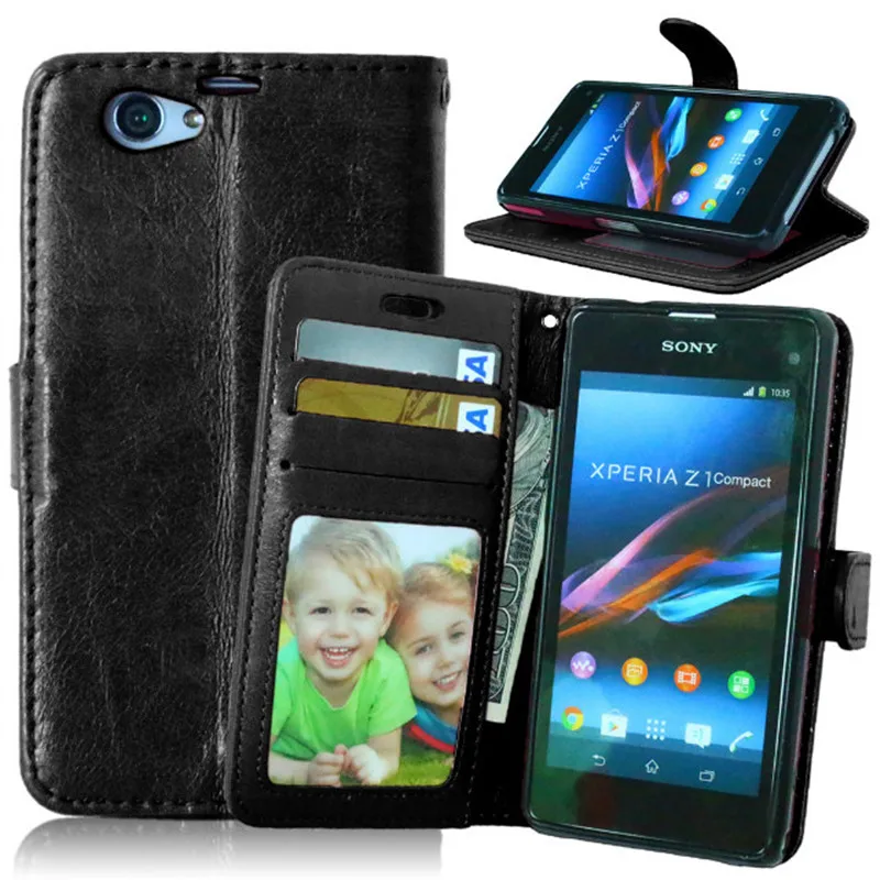 Z1 Mini Роскошный Черный чехол кошелек с 3 картами кожаный книжка для Sony Xperia Compact D5503