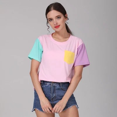 Розовый Летний стиль модные женские туфли Harajuku лоскутные футболки Kawaii Повседневное хлопок Волшебный цвет Топы Лоскутная футболка Прямая - Цвет: Розовый
