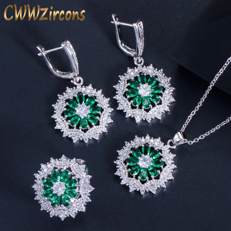 CWWZircons наборы из 3 предметов Модные женские CZ ювелирные аксессуары серебряный цвет зеленый ожерелье и сережки в виде цветка и кольцо набор T327