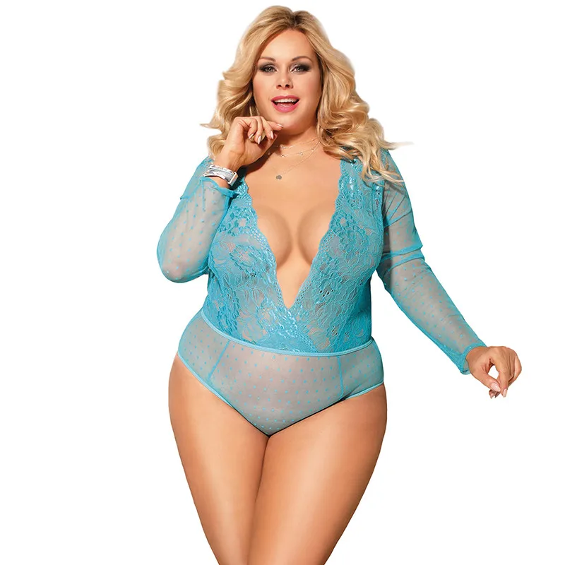 Blue Lace Bodysuit Облегающий боди с длинным рукавом, глубокий v-образный вырез, цветочный прозрачный боди, красный, синий, черный, кружевной боди, костюм размера плюс, комбинезоны RW80776 - Цвет: Blue Lace Bodysuit