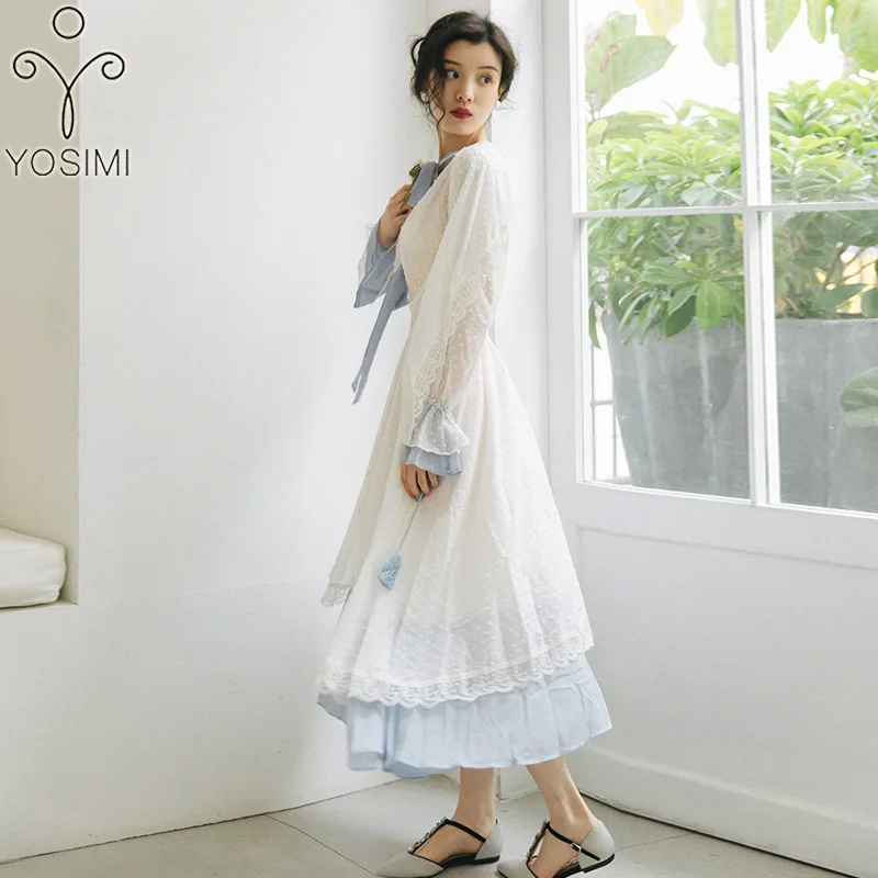 2019 весенне летнее кружевное длинное женское платье макси винтажное белое и синее