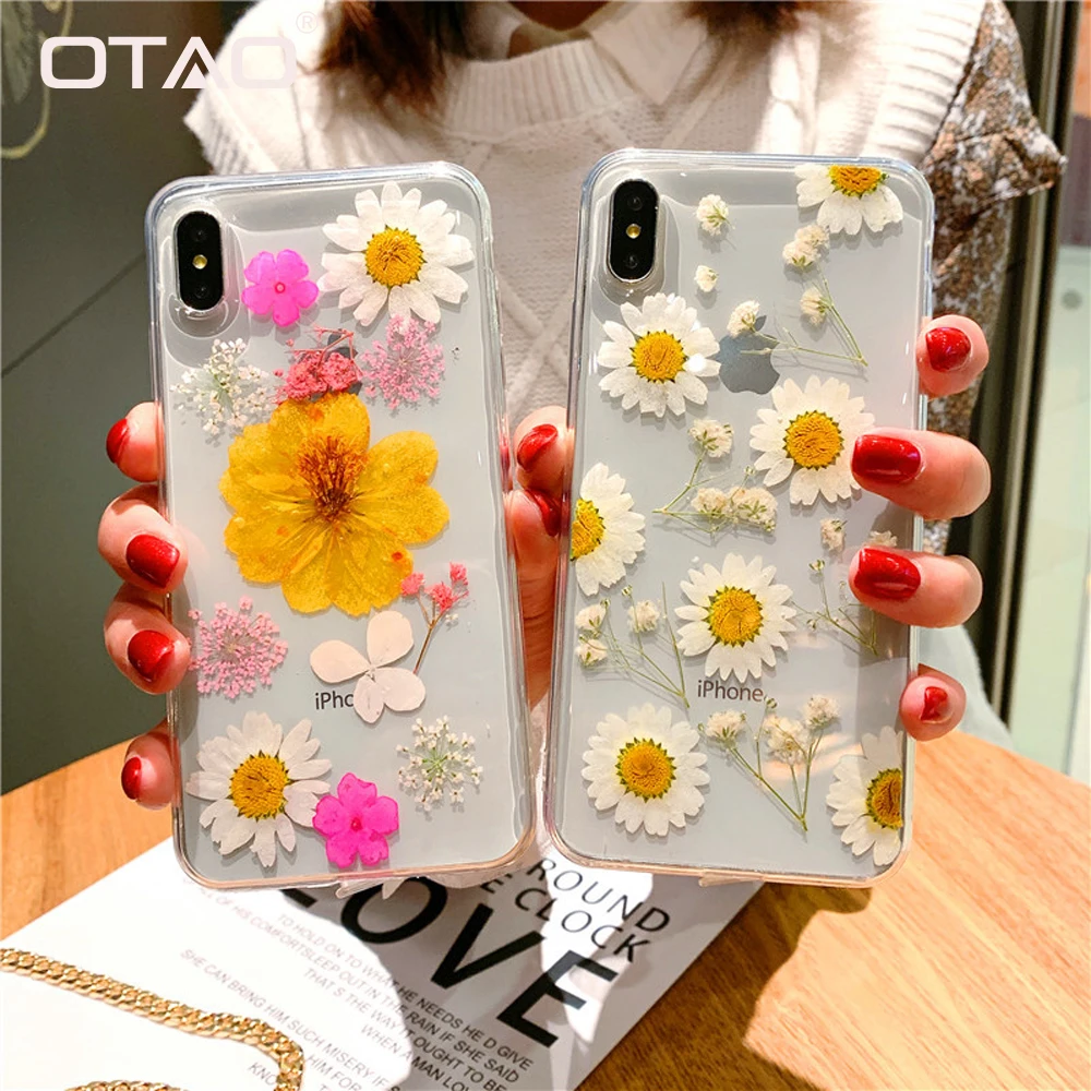 Чехол OTAO из мягкого ТПУ с натуральными сухоцветами для iPhone X 7 8 plus 6 6S эпоксидный