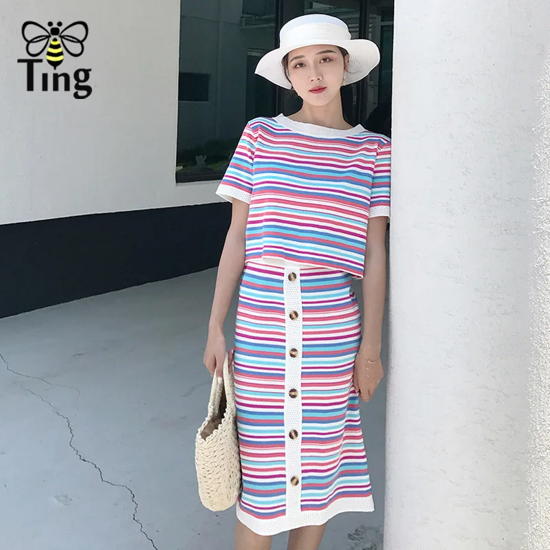 Tingfly/летний комплект из двух предметов женский полосатый трикотажный пуловер с