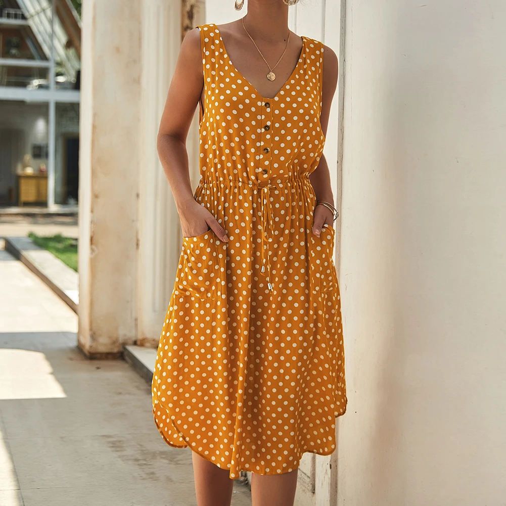 Женское платье-миди в горошек Boho повседневное Стильное вечернее платье без