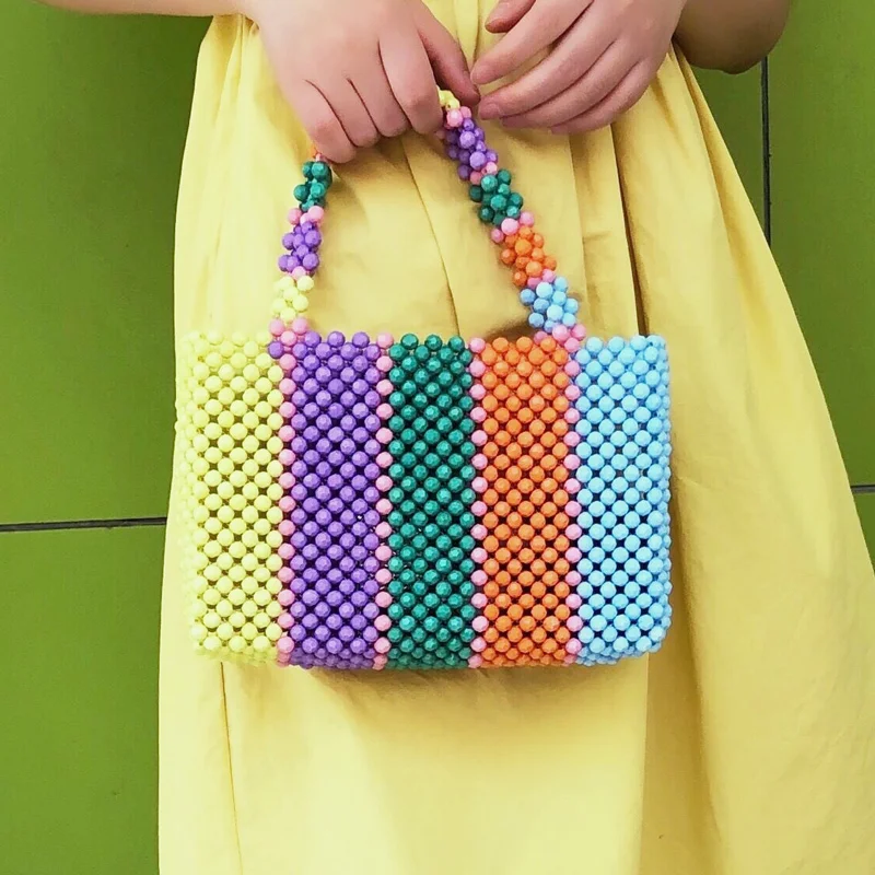 Hand-woven Handbag Lady with Color Beads and Retro Personality Stripes Ins
